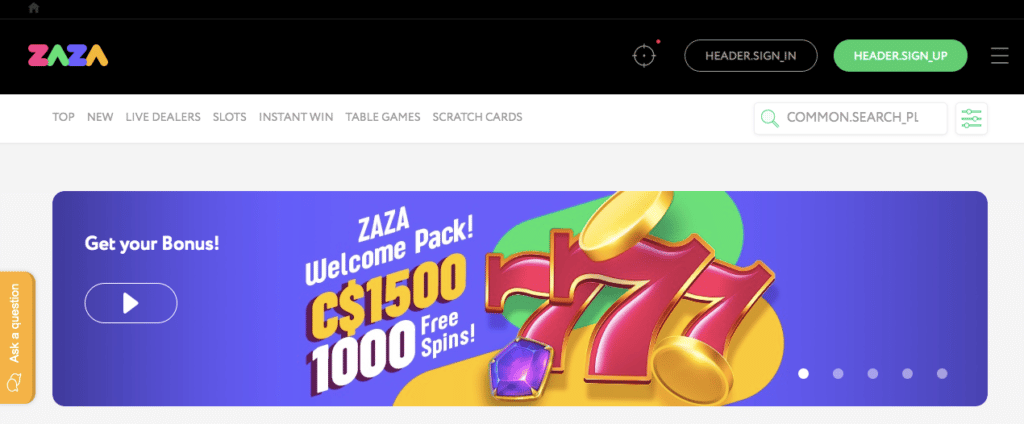 zaza casino lobby screenshot