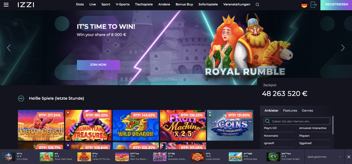 izzi casino lobby screenshot