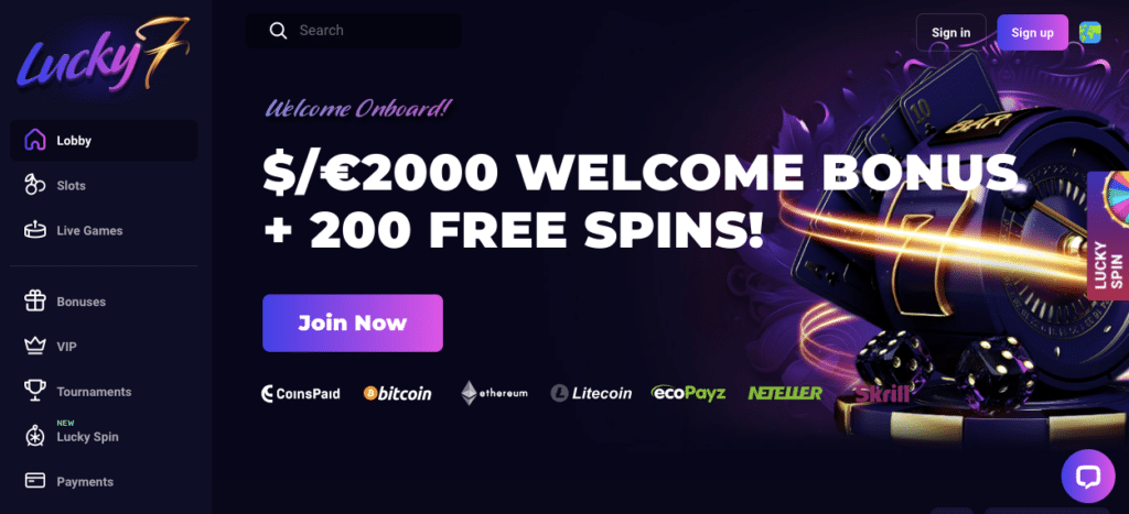 lucky7 online casino lobby screenshot