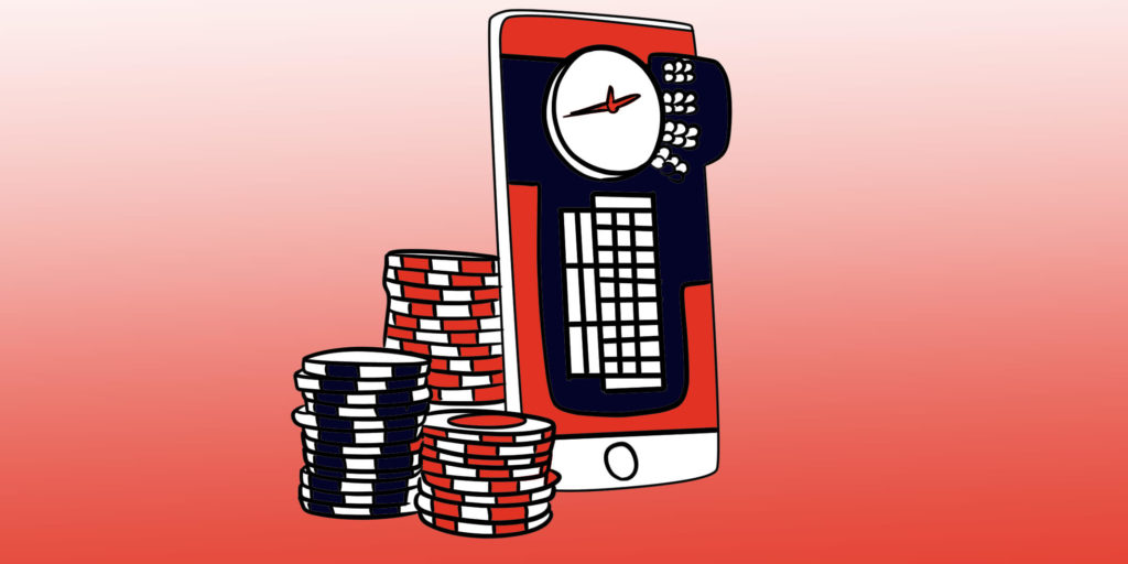 Ilustración de fichas de póquer y un teléfono móvil que muestra una aplicación de casino en línea