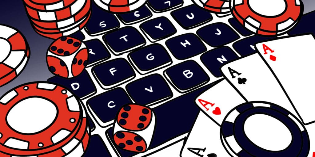 Ilustración de fichas de póquer y naipes por una computadora portátil