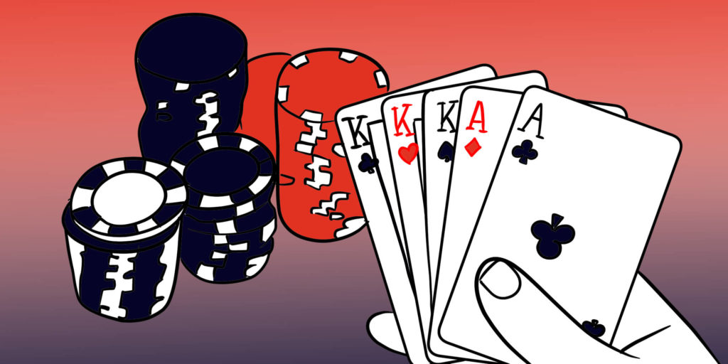 Ilustración de una mano mostrando cartas de póquer con fichas de póquer en el fondo