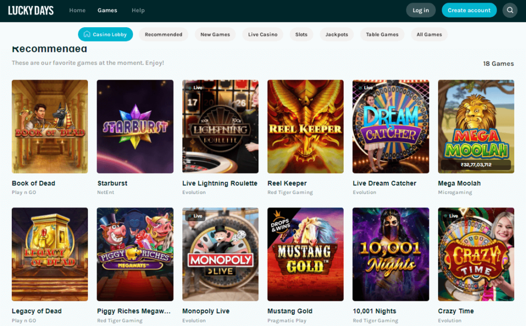 Lucky Days Casino Games Screenshot
