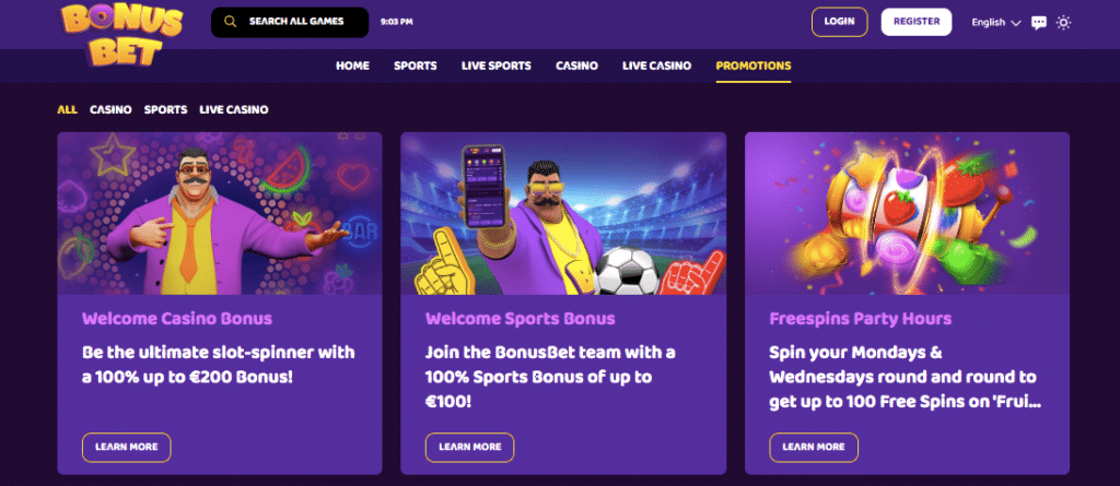 bonus bet online casino promotions screenshot