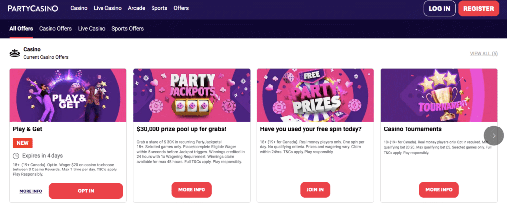 party casino online bonus
