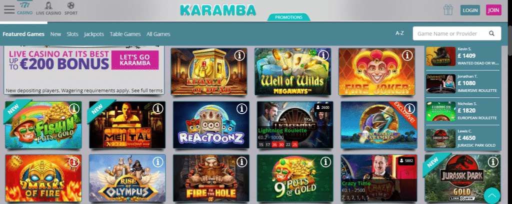 Karamba Online Casino Games Screenshot