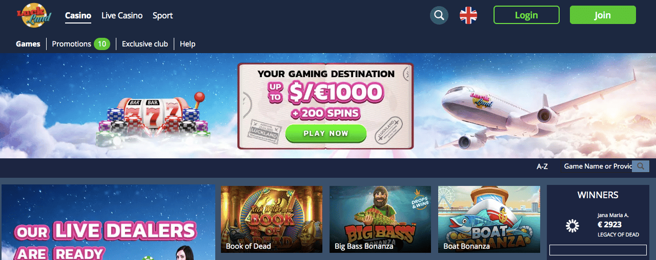 luckland casino main page screenshot
