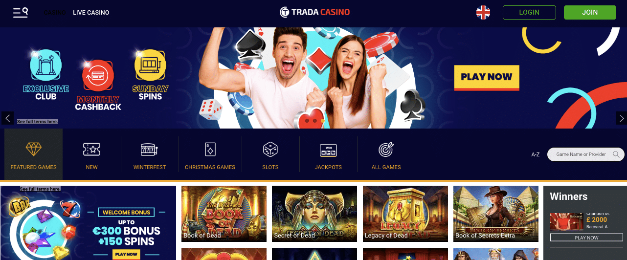 trada casino lobby screenshot