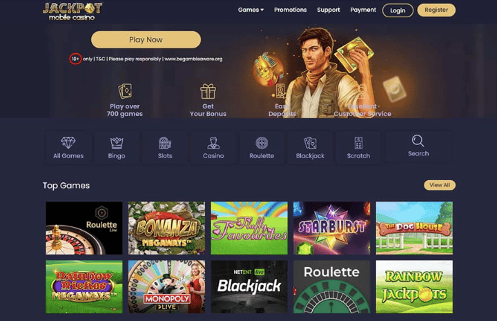 jackpot mobile casino homepage screenshot