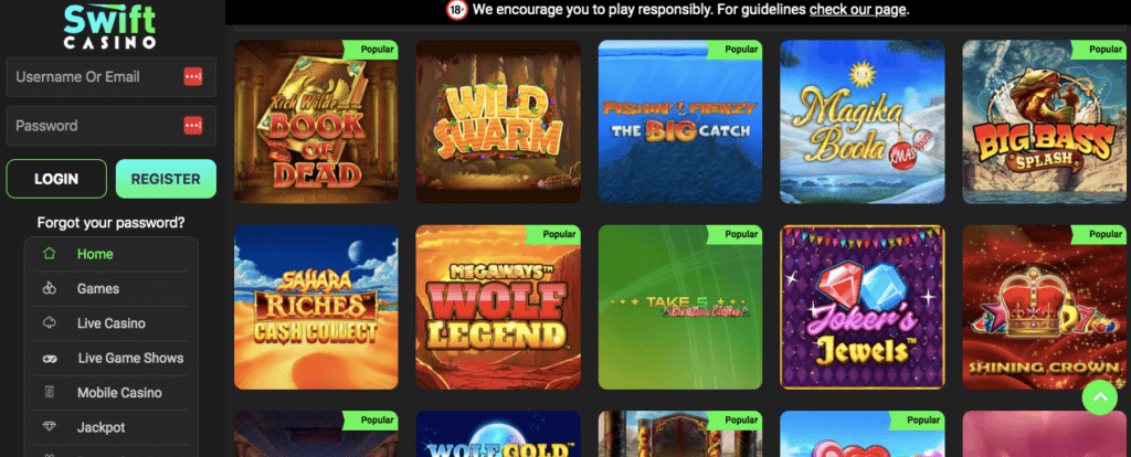 swift casino games screenshot