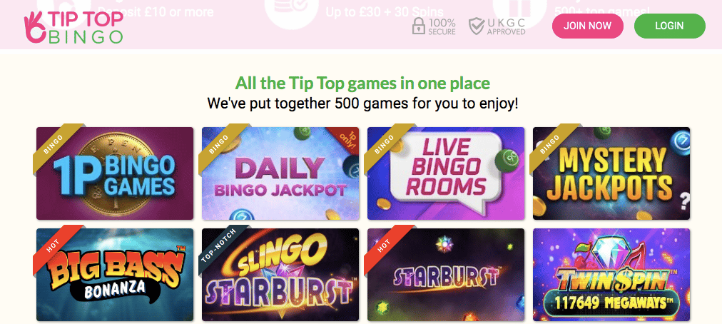 tiptop bingo casino games screenshot